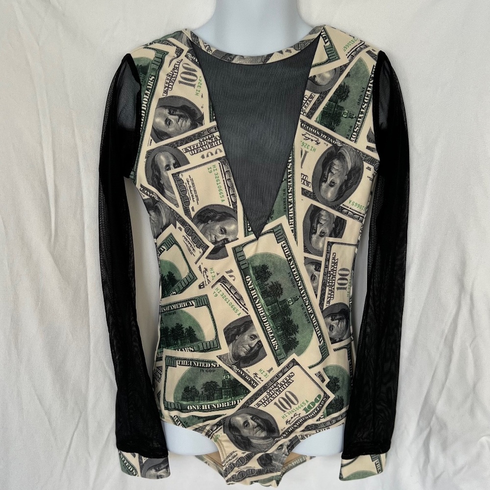 Dance Costume - CH LG - Dinero, Money, Hip Hop, Leotard w/ mesh sleeves